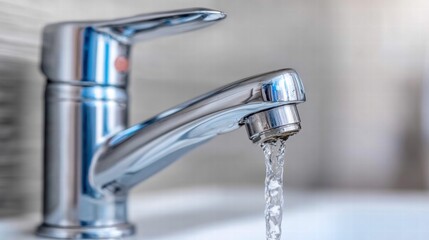 A close-up of a shiny, chrome faucet with clear water flowing out into the sink.