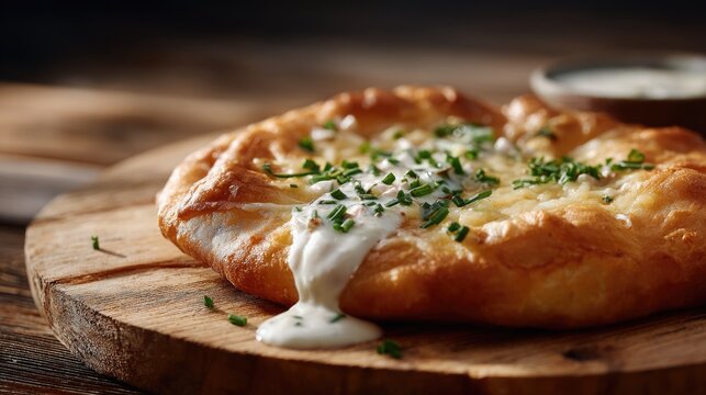 fried Hungarian l&aacute;ngos placed on a rustic wooden board, golden and crispy on the outside