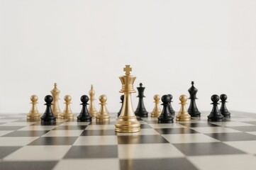 Golden queen piece encircled by pawns on a chessboard, symbolizing business and marketing tactics with a blank backdrop for text.