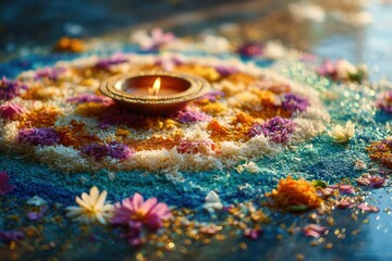 Obraz premium Brightly Colored Rangoli Design with Diya in the Center Surrounded by Floral Accents and Glittery Rice for a Festive Celebration Setting