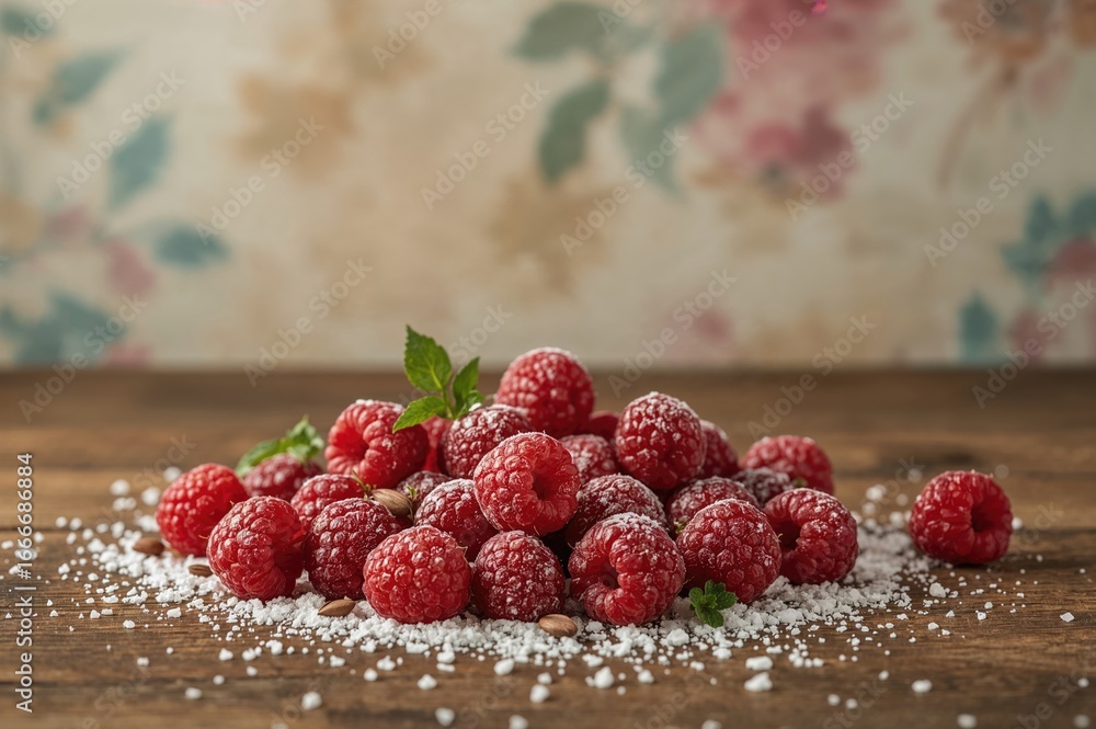 Aufkleber sugar-coated chopped raspberries. preserve. macro view with abstract texture and design elements, vi