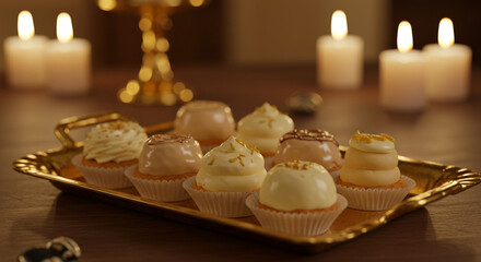 Fototapeta premium Elegant Cupcake Display on Golden Tray with Candlelight – Festive Dessert Scene for Celebrations