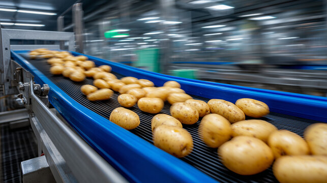 Close detail of potatoes tumbling along metal conveyor, motion blur conveying speed, reflecting sterile yet powerful industrial processing environment
