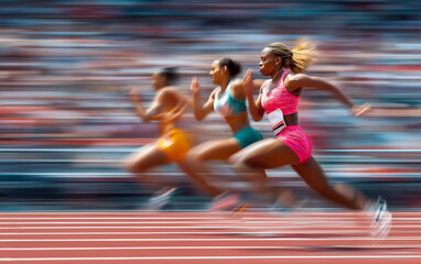 Diverse Female sprinters running on track and field stadium during a competition.
