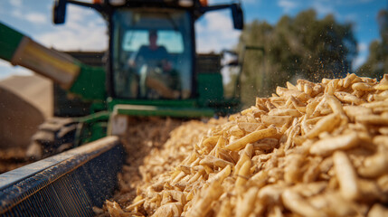 Wide shot of agricultural harvest scene, long conveyor belt transferring potatoes from the harvester to a waiting truck, farmers overseeing the process in vibrant autumn sunlight
