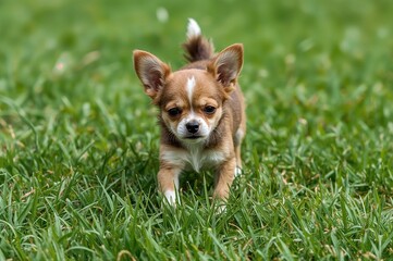 Small dog sprinting across the lawn