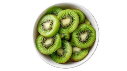 Fresh sliced kiwi fruit in a white ceramic bowl top view isolated on a Transparent background, PNG file.