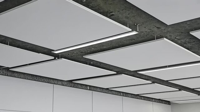 Modern ceiling design with acoustic panels in office space