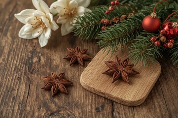 Festive ornaments and cinnamon sticks paired with star anise beside a chalkboard on a rustic wooden surface