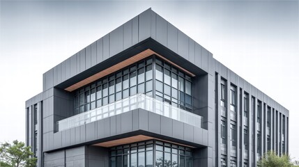 Modern office building exterior featuring sleek lines and glass windows against a cloudy sky.