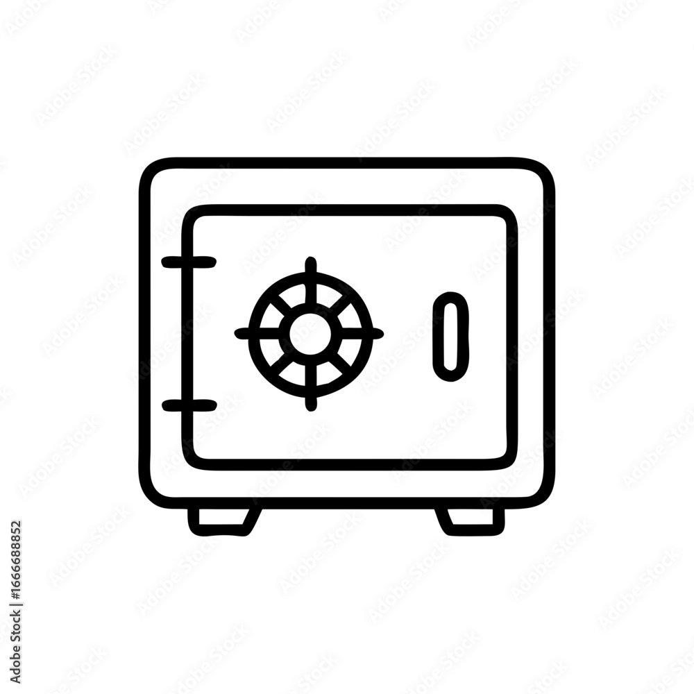 Poster an illustration of a closed safe with a combination lock and handle in a simple outline style drawin
