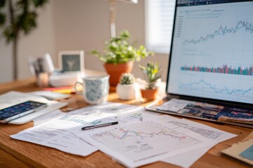 Detailed Analysis of Financial Data with Charts, Graphs, and Documents on a Wooden Desk Surrounded by Plants and Office Supplies in a Bright Workspace