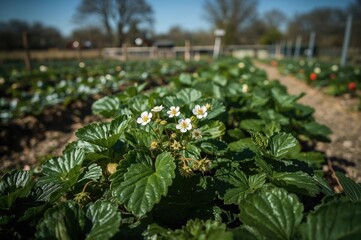 Strawberry Plant Flowering in the Garden Bed