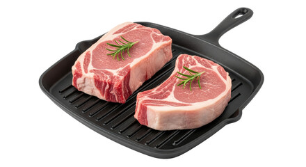 Isolated Raw Pork Chops on Grill Pan