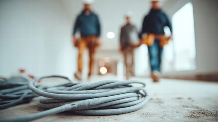 Construction crew working inside a building during a renovation with electrical cables.