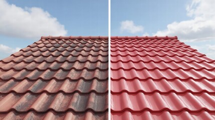 Naklejka premium A side-by-side comparison of a dirty and clean red roof, showcasing cleaning results.