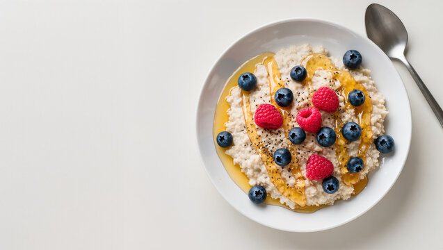Oatmeal with fresh blueberries, raspberries, chia seeds, and honey served in a white bowl on white background, healthy breakfast