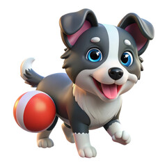 Naklejka premium Adorable border collie puppy playfully pounces on a brightly striped ball transparent background