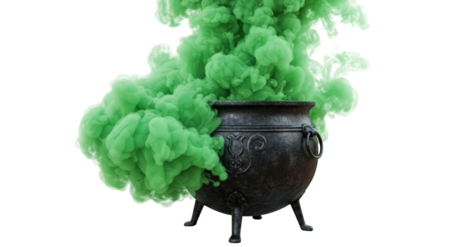 Black cauldron emitting thick green magical smoke png isolated on transparent background