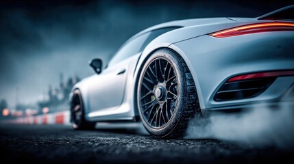 The white sports car drifts, leaving a trail of smoke on the track, showcasing speed and power.