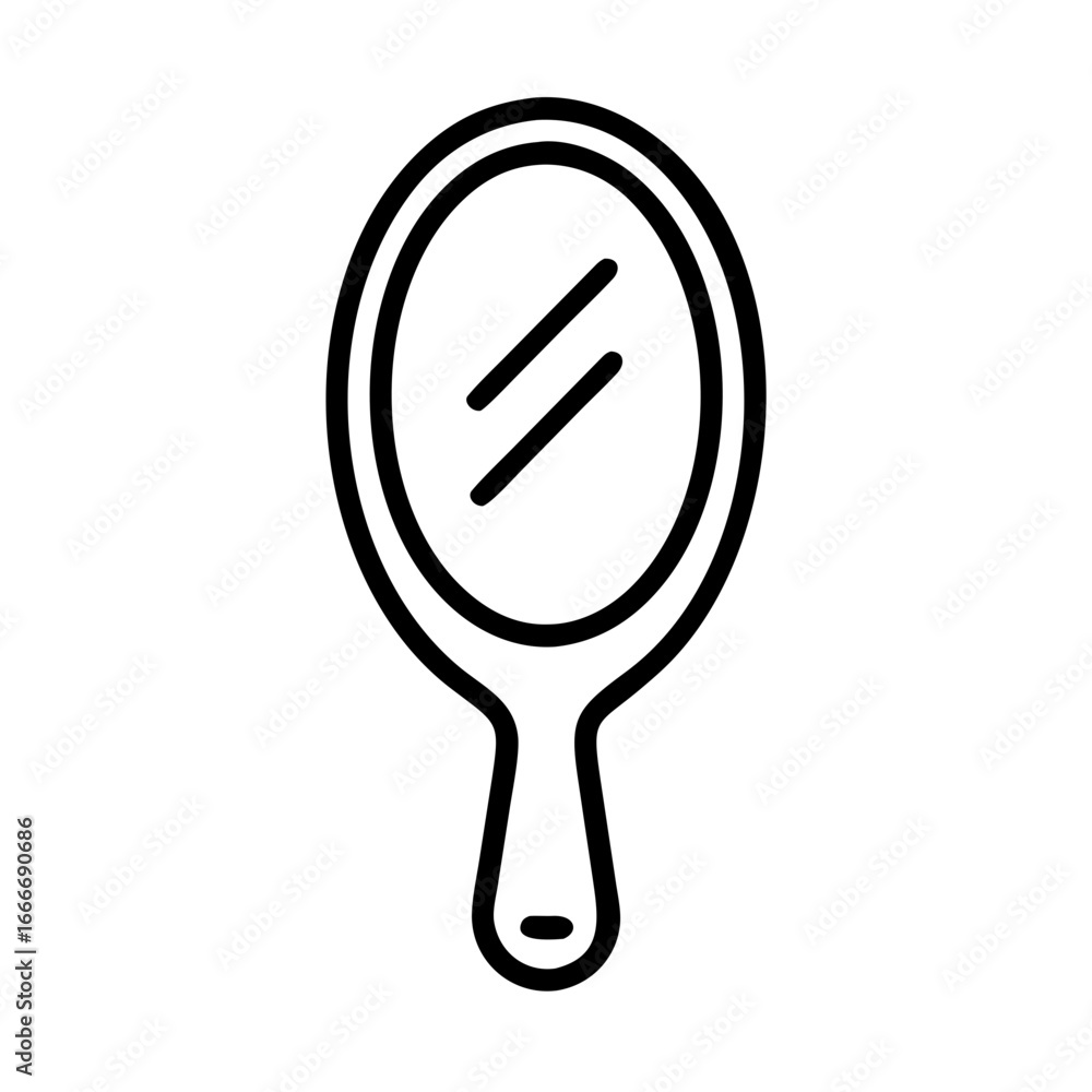 Poster illustration of a handheld oval mirror with a handle and two diagonal lines inside the mirror surfac