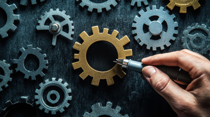 Crafting intricate mechanisms with hands and gears on a dark surface highlighting innovation and precision