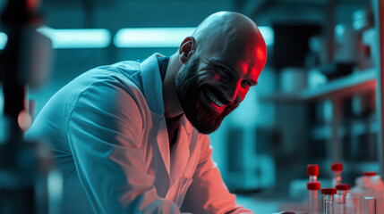 Scientist conducting research in a modern laboratory with a futuristic atmosphere at night