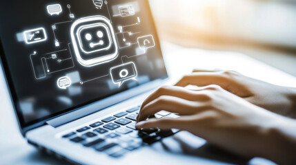 Discovering innovative technology through a laptop with AI interface components at a modern workspace in daylight