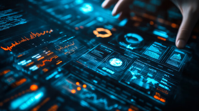 Data analyst examines digital dashboard filled with colorful visualizations at a modern tech facility - Powered by Adobe