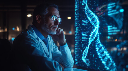 Scientist analyzing DNA structure through advanced technology in a modern laboratory during evening hours