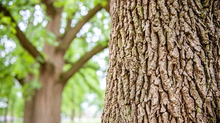 Obraz premium Brown Tree Trunk with Textured Bark in Green Forest Setting