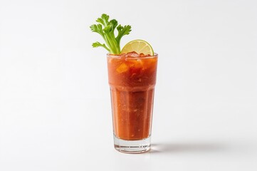 Classic Bloody Mary drink on a white backdrop, viewed from above with garnish