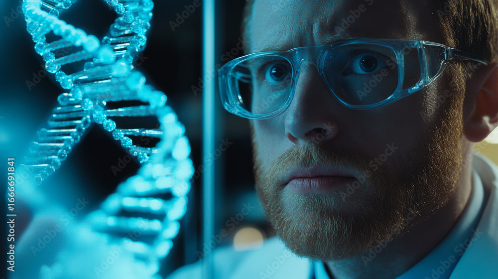 Poster scientist analyzing dna structure in a modern laboratory during a focused research session