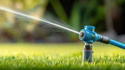 A blue sprinkler head sprays water on the lush green grass of a well-maintained lawn