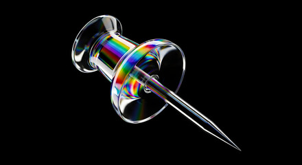  Close-Up Shiny Pushpin with Rainbow Reflections on Black Background — Office Pin, Transparent Thumbtack Macro