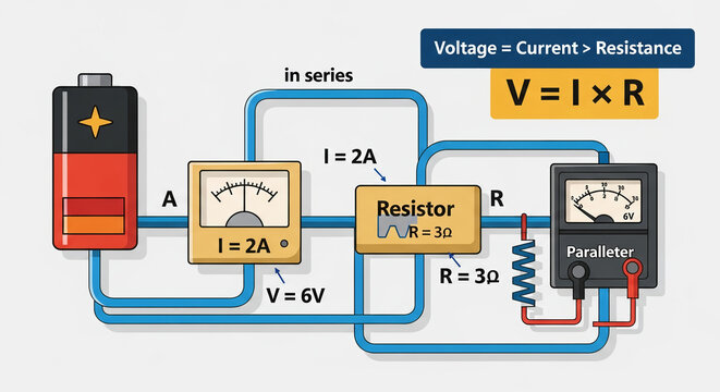 A diagram illustration of a basic electrical circuit showing the relationship between voltage, current, and resistance according to Ohm's Law