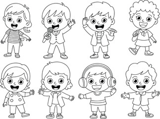 Diverse Group of Children Waving Playful Black and White Line Art for Coloring Books and Educational Resources