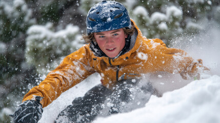 Dynamic winter sports scene, teenage rider in bright orange jacket and blue beanie sliding on their side, snowboard half-buried in powder, determination in their posture as they pu
