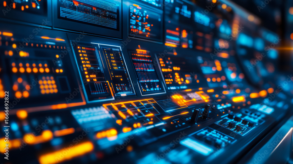 Poster high-tech control room with glowing interfaces and digital displays used for monitoring systems