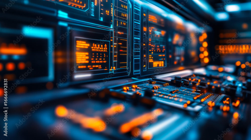 Poster high-tech control room with glowing interfaces and digital displays used for monitoring systems
