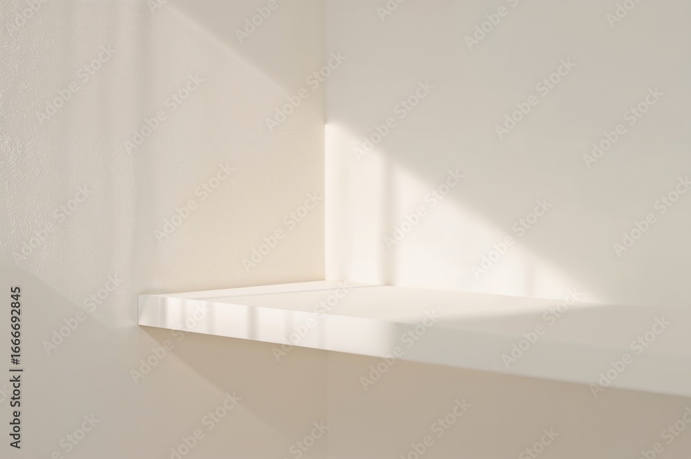 Poster cosmetics display setup featuring a blank white shelf illuminated by a beam of sunlight. ideal for s
