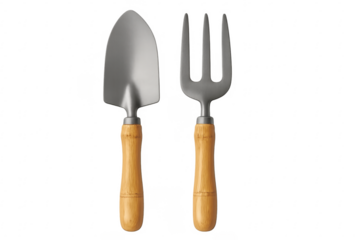 Gardening tools with wooden handles on transparent background