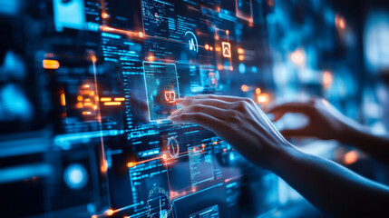Touchscreen interaction with data visuals in a modern technological environment during nighttime hours