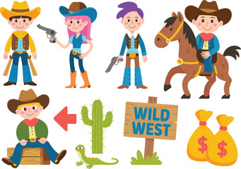 Cowboys, Cowgirls, and Horses in a Fun Illustration, Playful Environment, Colorful Viewpoint, Adventure Theme