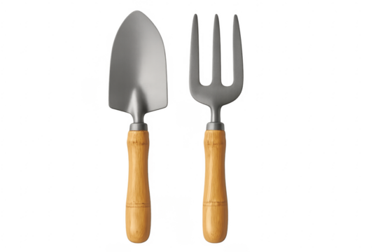 Gardening tools with wooden handles on transparent background