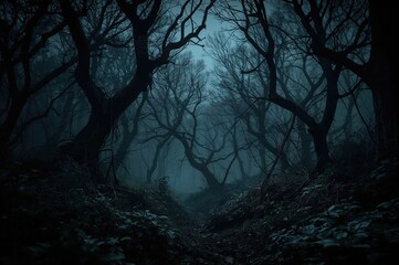 A dark and eerie forest setting at night, perfect for a spooky Halloween theme. An unsettling and shadowy digital artwork backdrop.