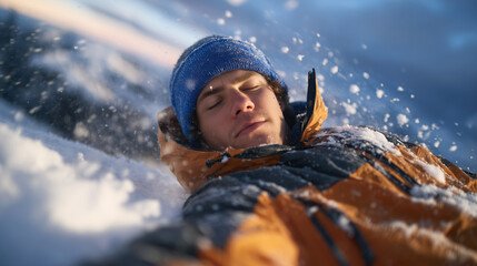 Emotional winter sports image, teen sprawled on crisp white slope, orange jacket glowing in dusk light, blue hat vivid, snow drifting around, a portrait of resilience with snowy ri