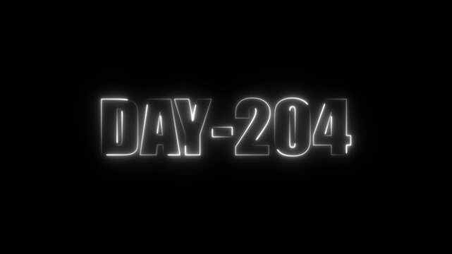 Neon text day-204 animation on black background.calender, text,number, days, date, countdown neon text concept.