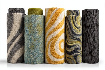 Five colorful rolled shag carpets are standing on a white background. Good for demonstrating samples or showcasing the range of rug designs.