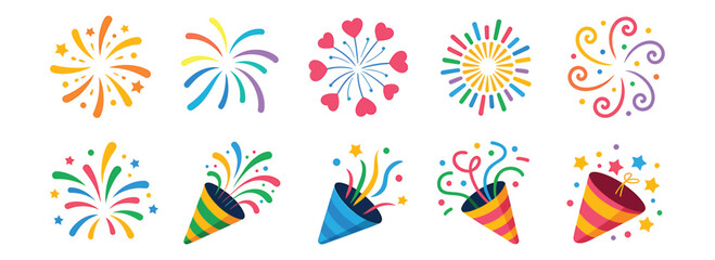 Colorful fireworks and party poppers with stars and confetti